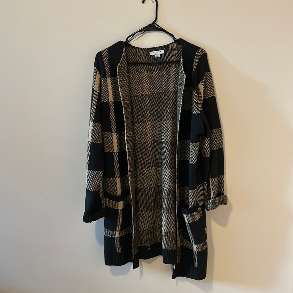 Tan and black cardigan sweater